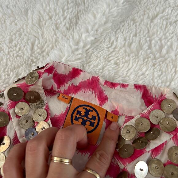 Tory Burch 100% Silk Tunic V-Neck Purple/Pink Ikat Print Sz 2 Indie Art Core Gir - Picture 6 of 9